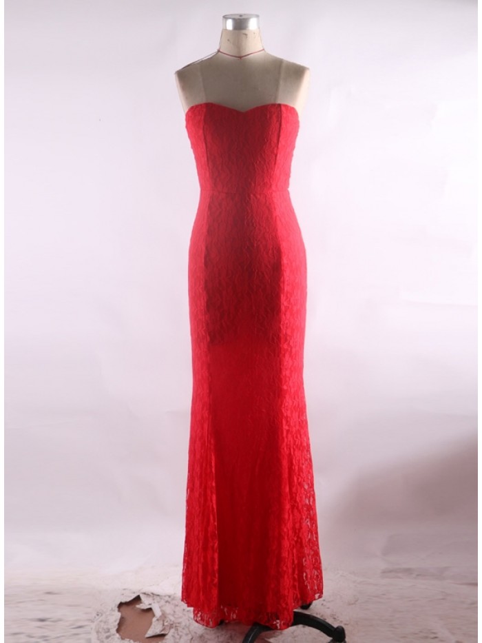 Red Strapless Off-the-shoulder Floor-Length Pullover Sleeveless Dress