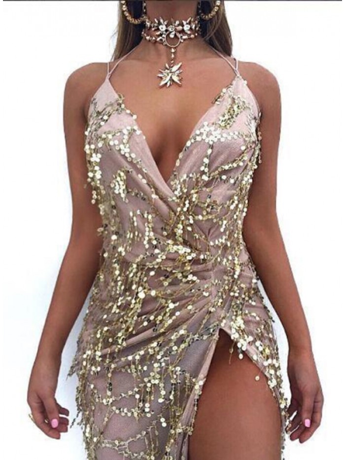 Sexy Backless Sleeveless Asymmetrical Split Sequins Dress