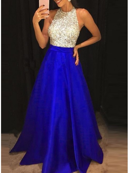 Golden and blue Party Sleeveless Floor-Length Pull...