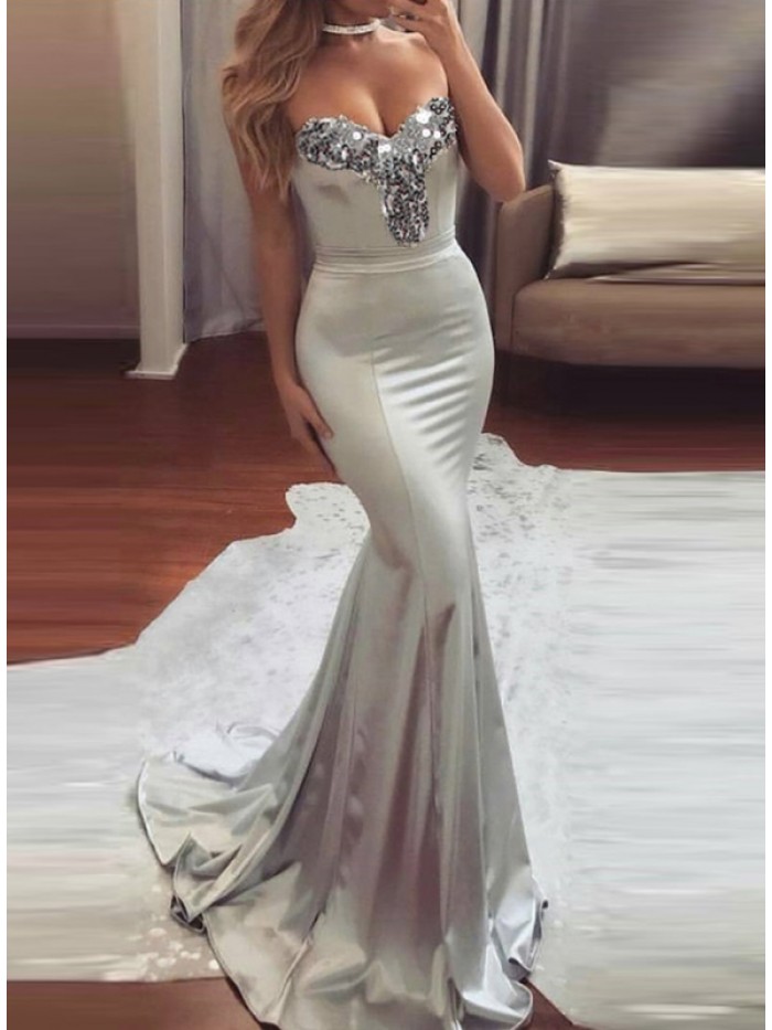 Sexy Silver Party Floor-Length Sleeveless off-the-shoulder Dress