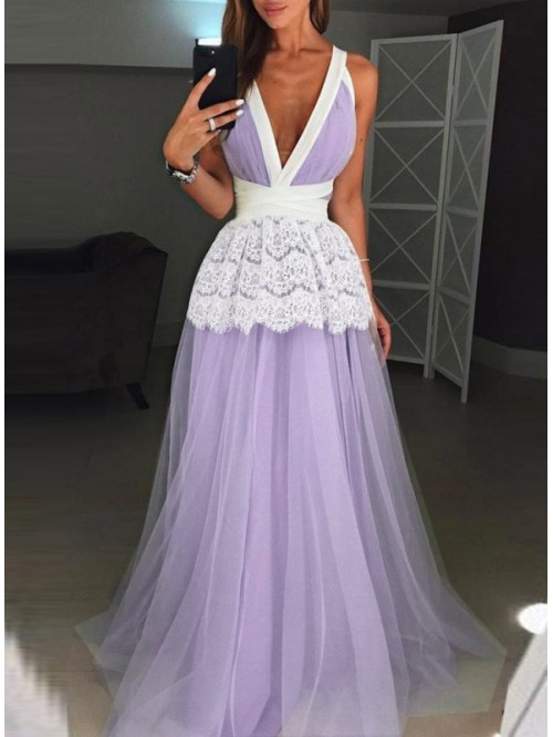 Sexy Light Purple backless Lace V-Neck Dress