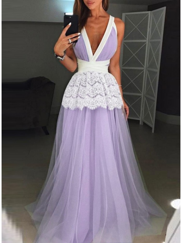 Sexy Light Purple backless Lace V-Neck Dress