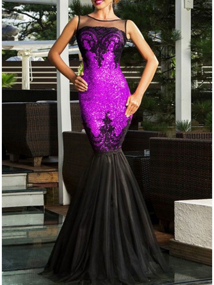 Sexy Black and Purple Floor-Length Round Neck See-Through Mesh Backless Bodycon Dress