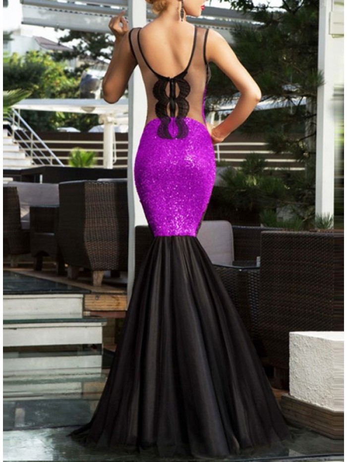 Sexy Black and Purple Floor-Length Round Neck See-Through Mesh Backless Bodycon Dress