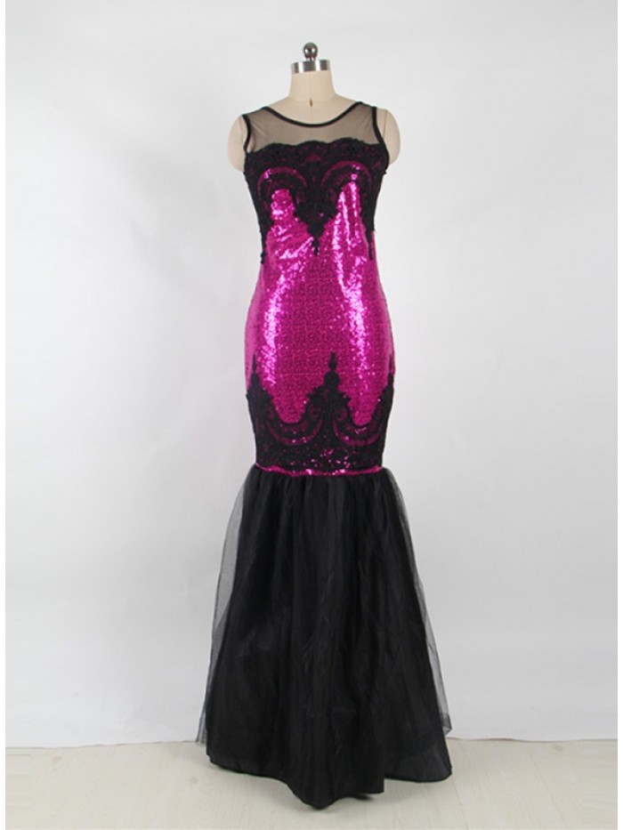 Sexy Black and Purple Floor-Length Round Neck See-Through Mesh Backless Bodycon Dress