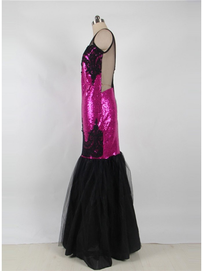 Sexy Black and Purple Floor-Length Round Neck See-Through Mesh Backless Bodycon Dress