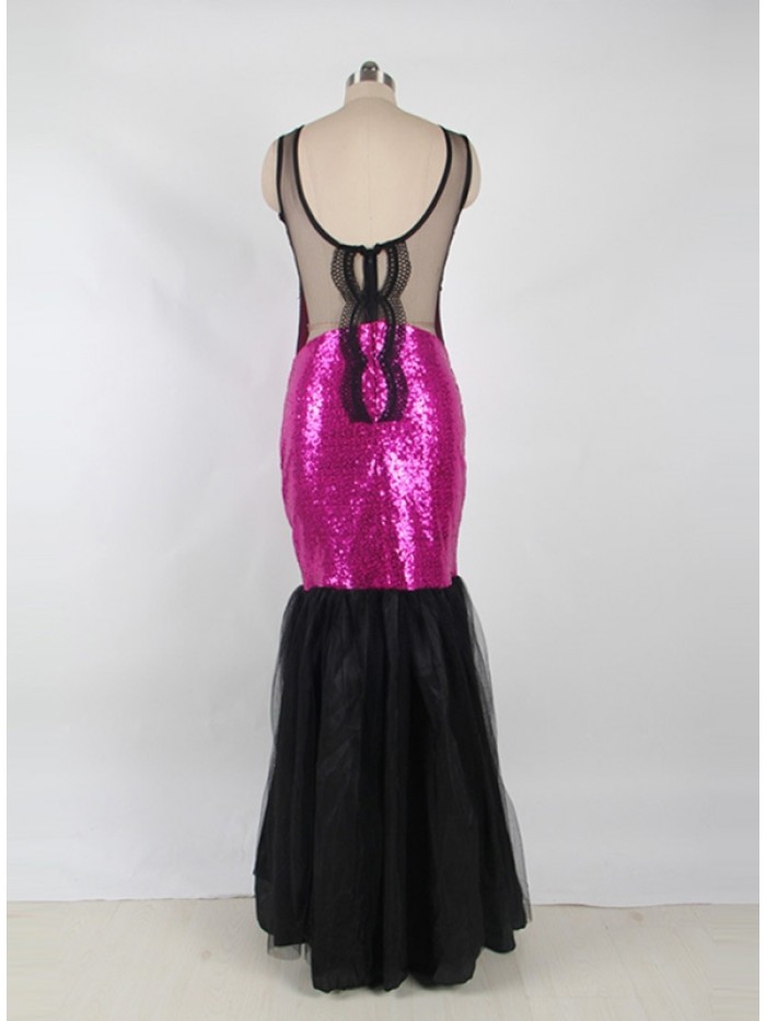 Sexy Black and Purple Floor-Length Round Neck See-Through Mesh Backless Bodycon Dress