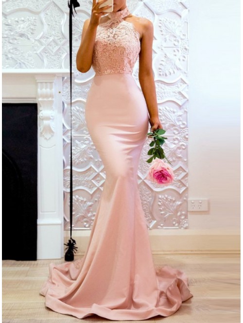 Sexy Pink Sleeveles Lace Backless Floor-Length Hal...