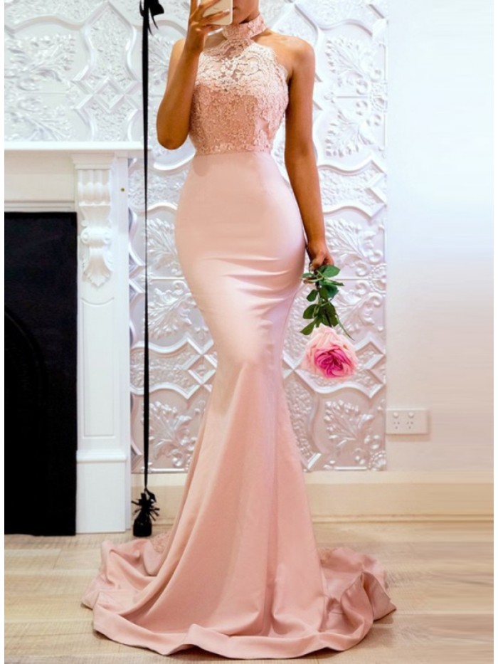 Sexy Pink Sleeveles Lace Backless Floor-Length Halter Dress