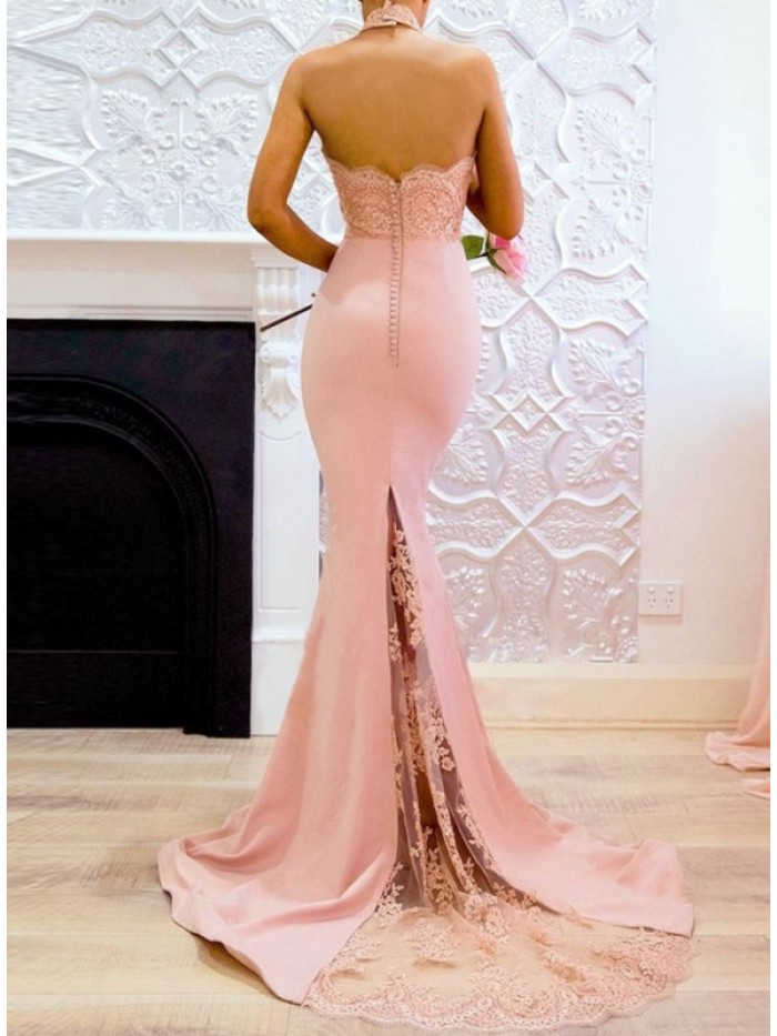 Sexy Pink Sleeveles Lace Backless Floor-Length Halter Dress