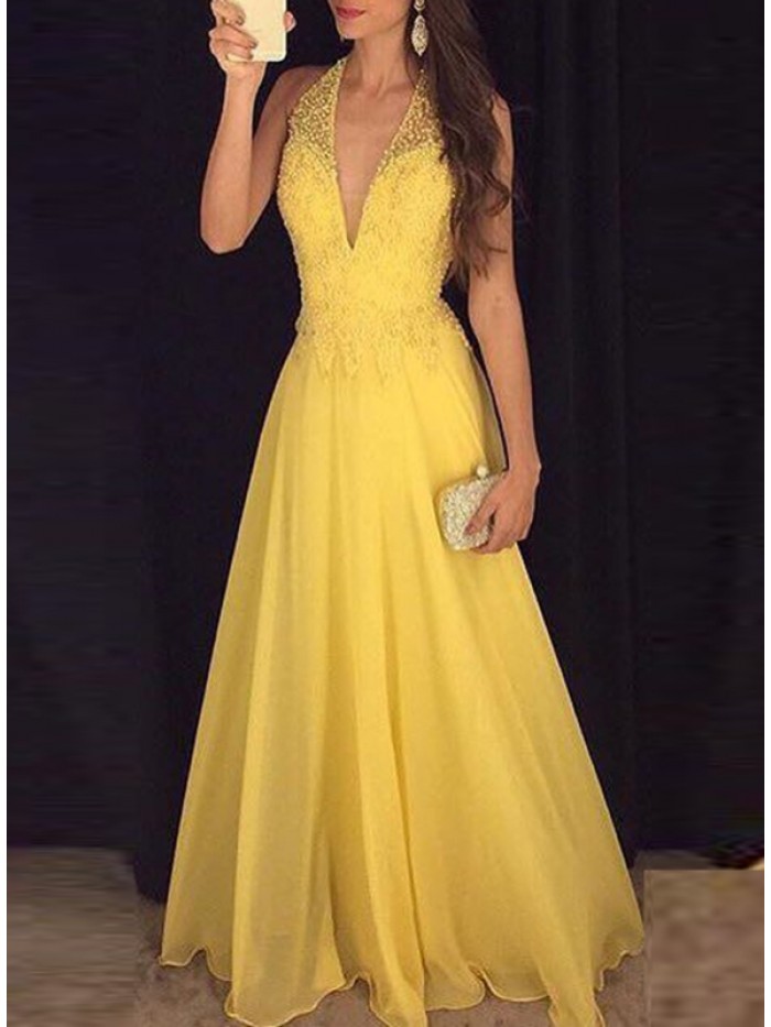 Elegant yellow Pullover Floor-Length V-Neck Backless Dress