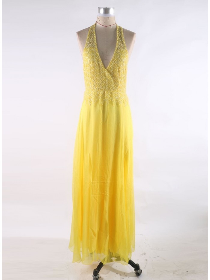 Elegant yellow Pullover Floor-Length V-Neck Backless Dress