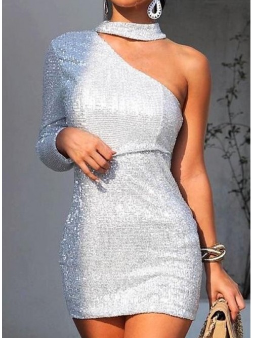 Silver Bodycon asymmetric Sexy Above Knee Dress