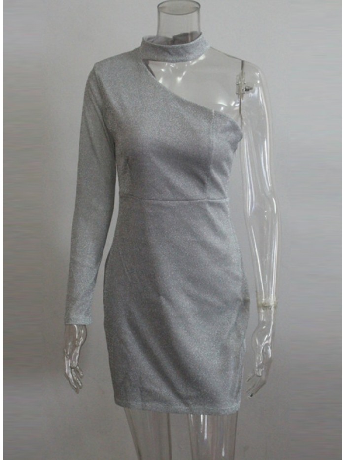 Silver Bodycon asymmetric Sexy Above Knee Dress