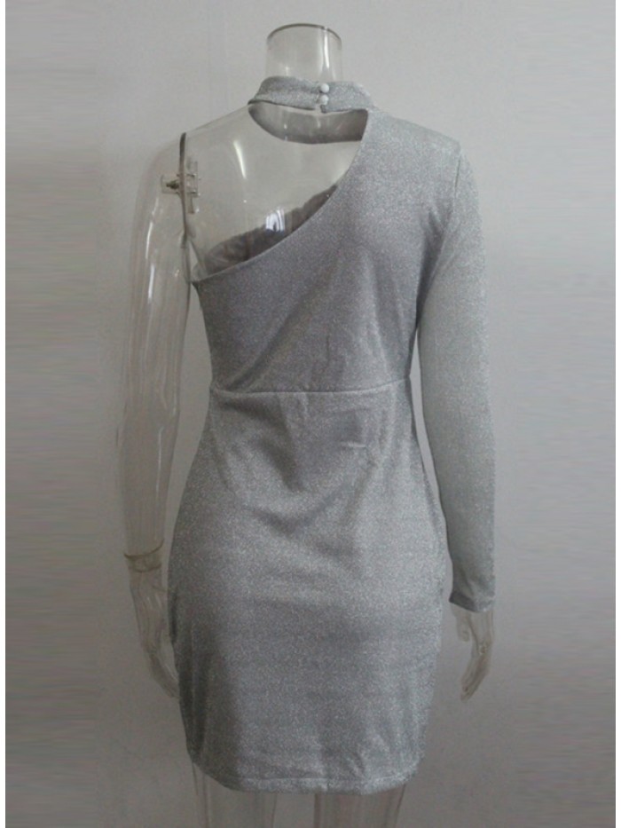 Silver Bodycon asymmetric Sexy Above Knee Dress