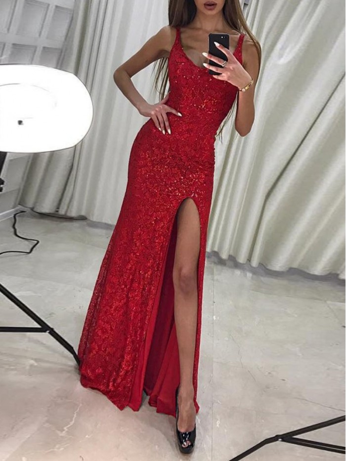 Sexy Red/Blue Floor-Length Round Neck Sequins Dress