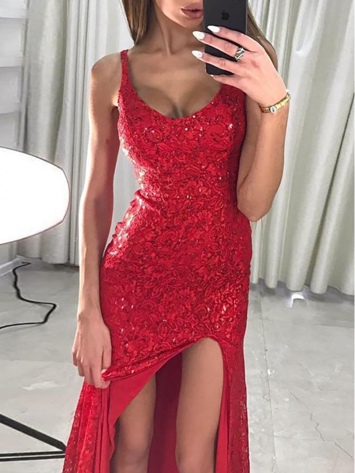 Sexy Red/Blue Floor-Length Round Neck Sequins Dress