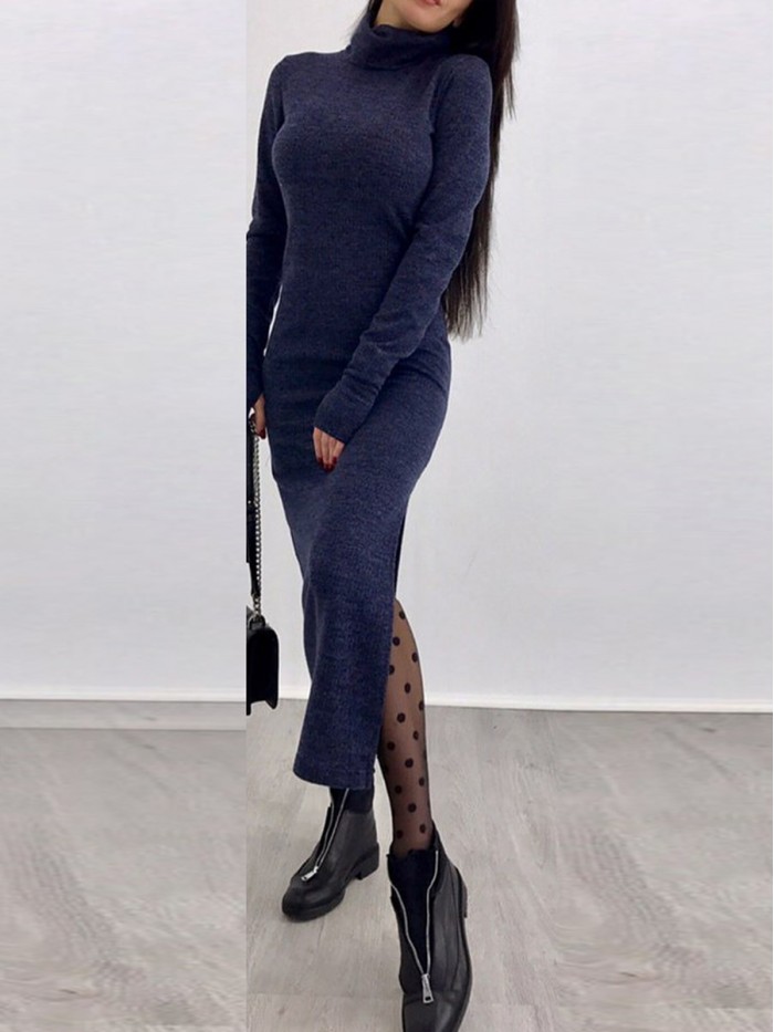 Solid Color Turtleneck Long Sleeves Bodycon Sweater Dress