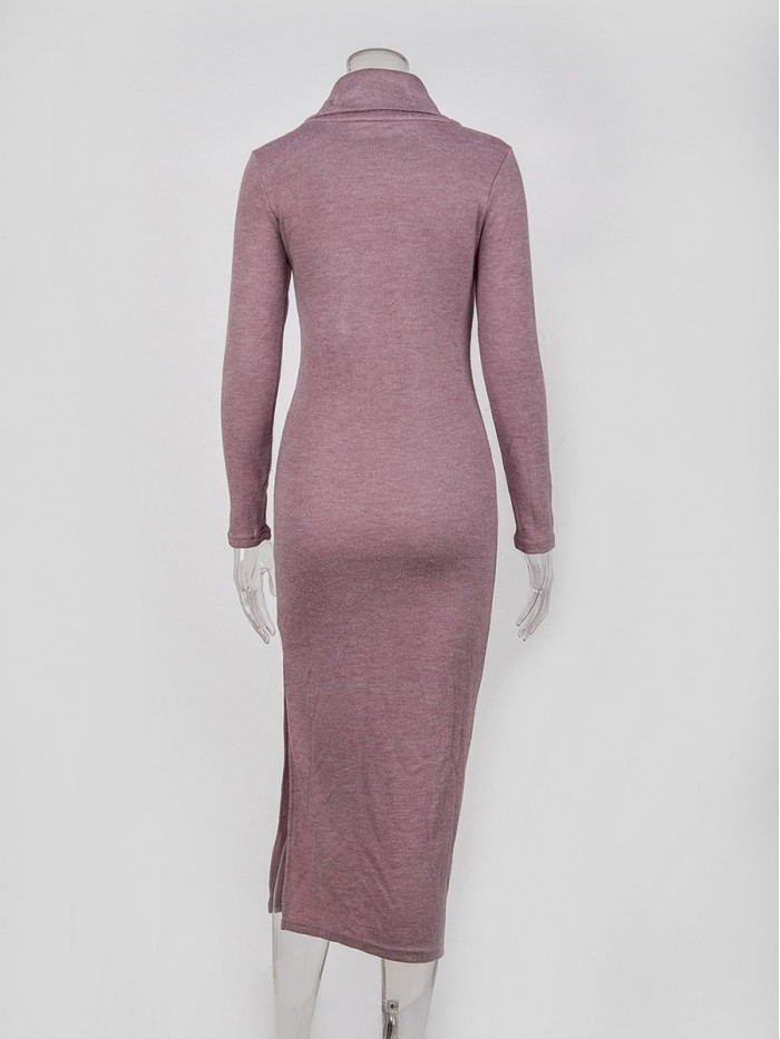 Solid Color Turtleneck Long Sleeves Bodycon Sweater Dress