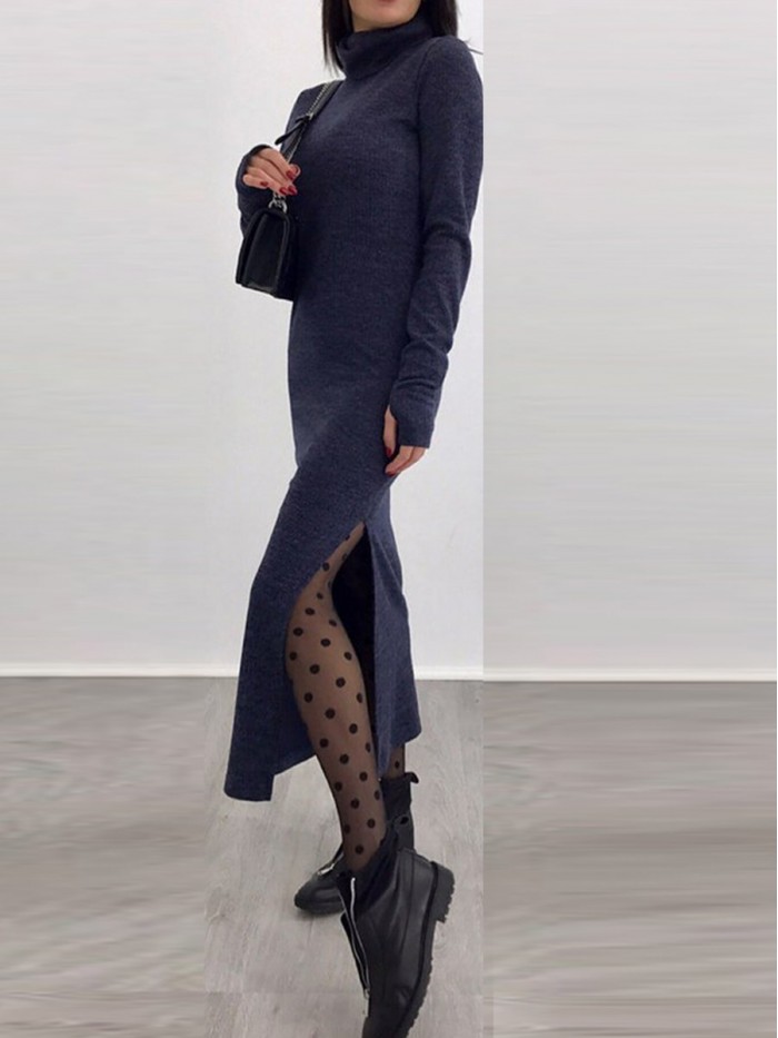 Solid Color Turtleneck Long Sleeves Bodycon Sweater Dress