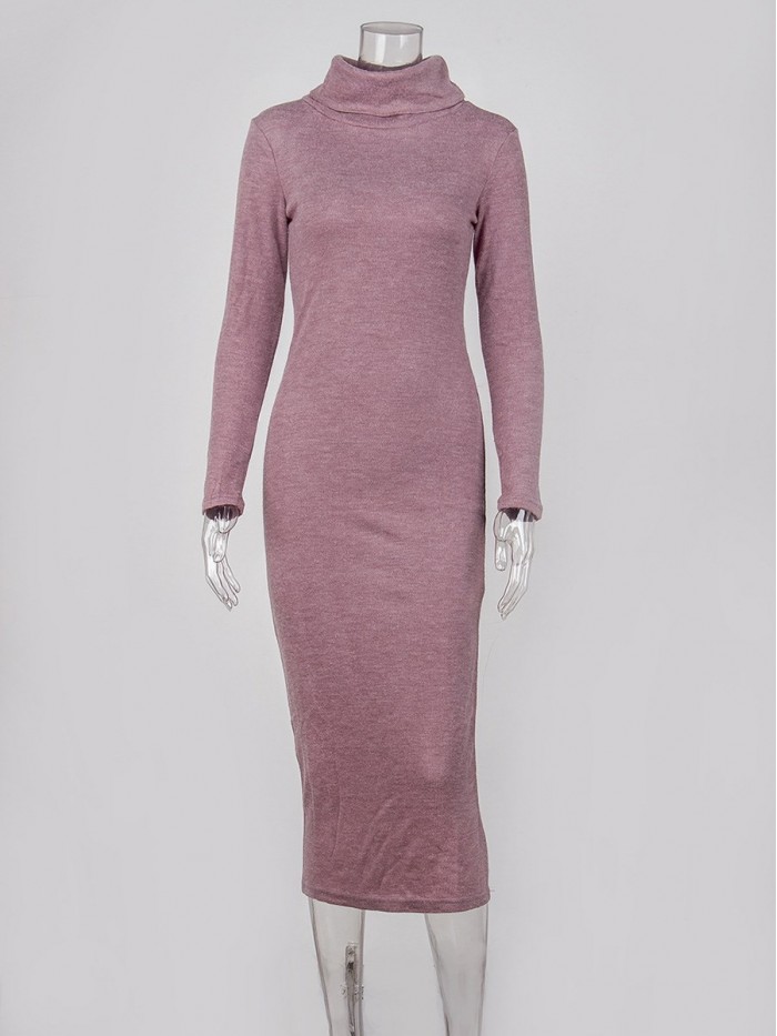 Solid Color Turtleneck Long Sleeves Bodycon Sweater Dress