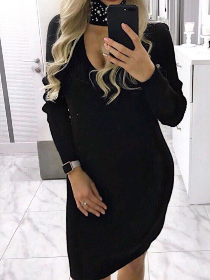 Knit Long Sleeve Hollowed-Out Sweater Dresses