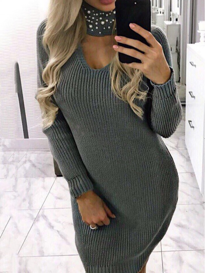 Knit Long Sleeve Hollowed-Out Sweater Dresses