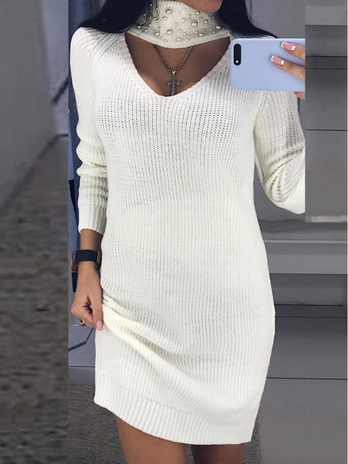 Knit Long Sleeve Hollowed-Out Sweater Dresses