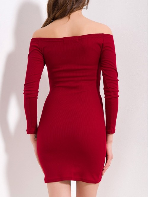 Red Slash Neck Bodycon Sweater Dress