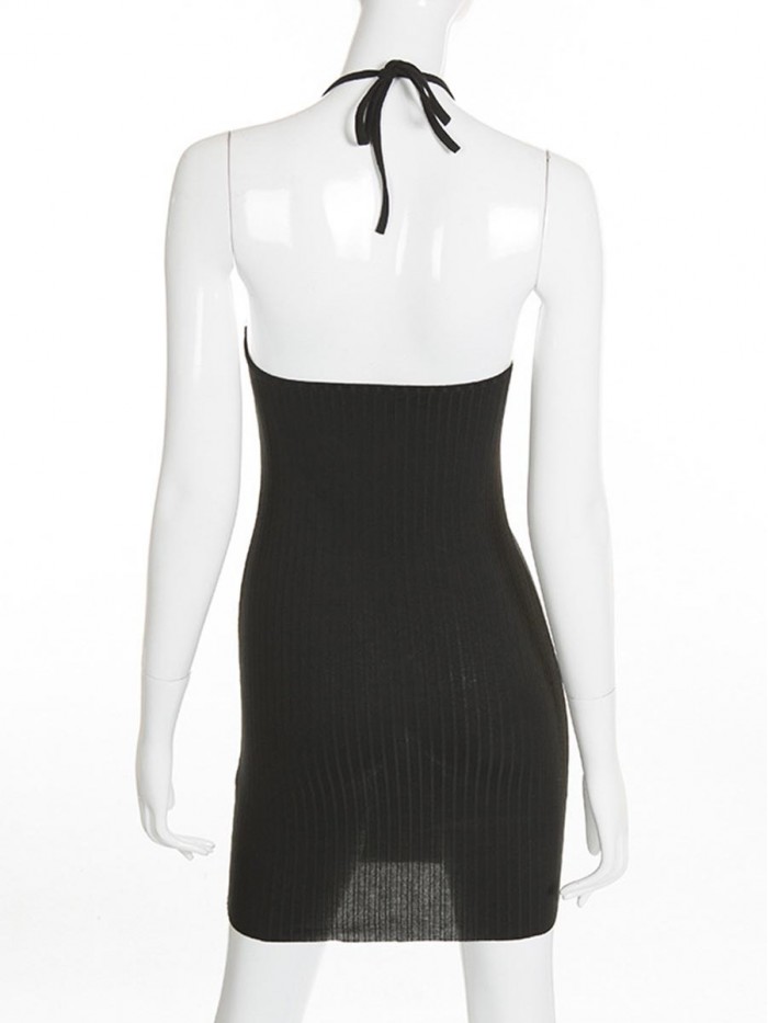 Black Solid Color Slim Halter Sweater Dress