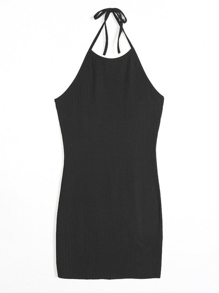 Black Solid Color Slim Halter Sweater Dress