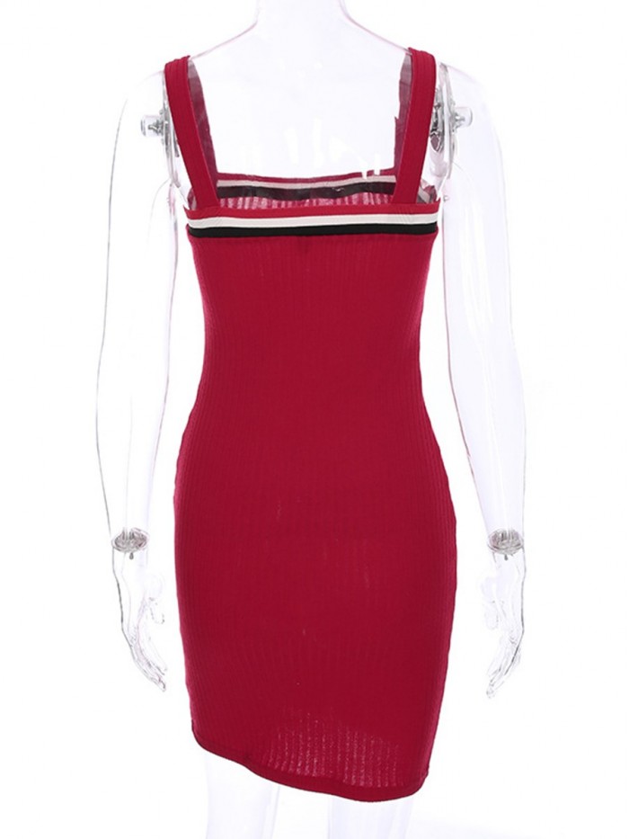 Red Sleeveless Solid Color Bodycon Sweater Dress