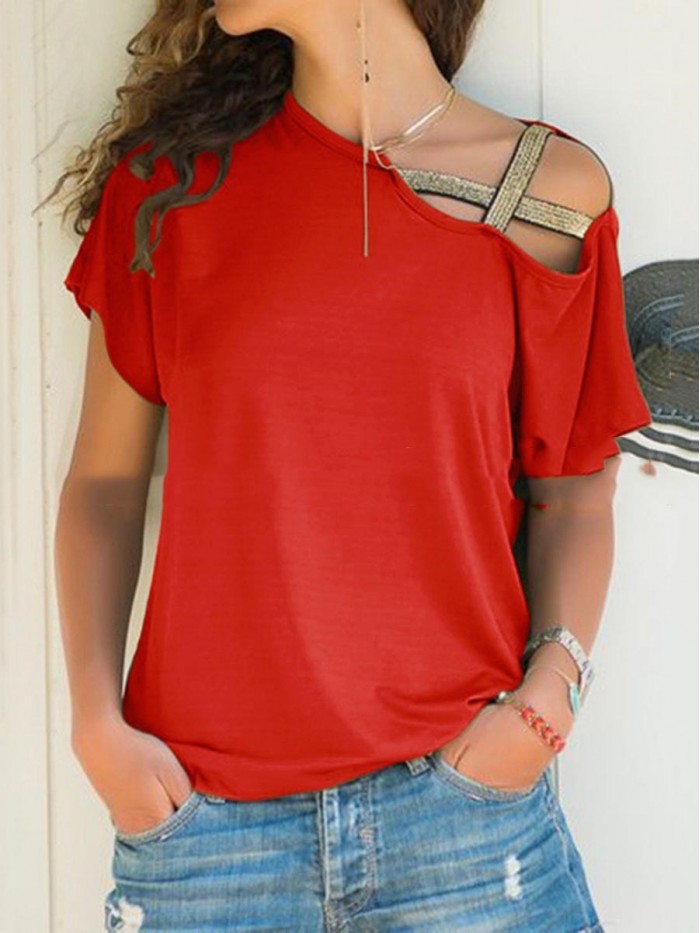 Women Irregular Pure Color T-Shirt