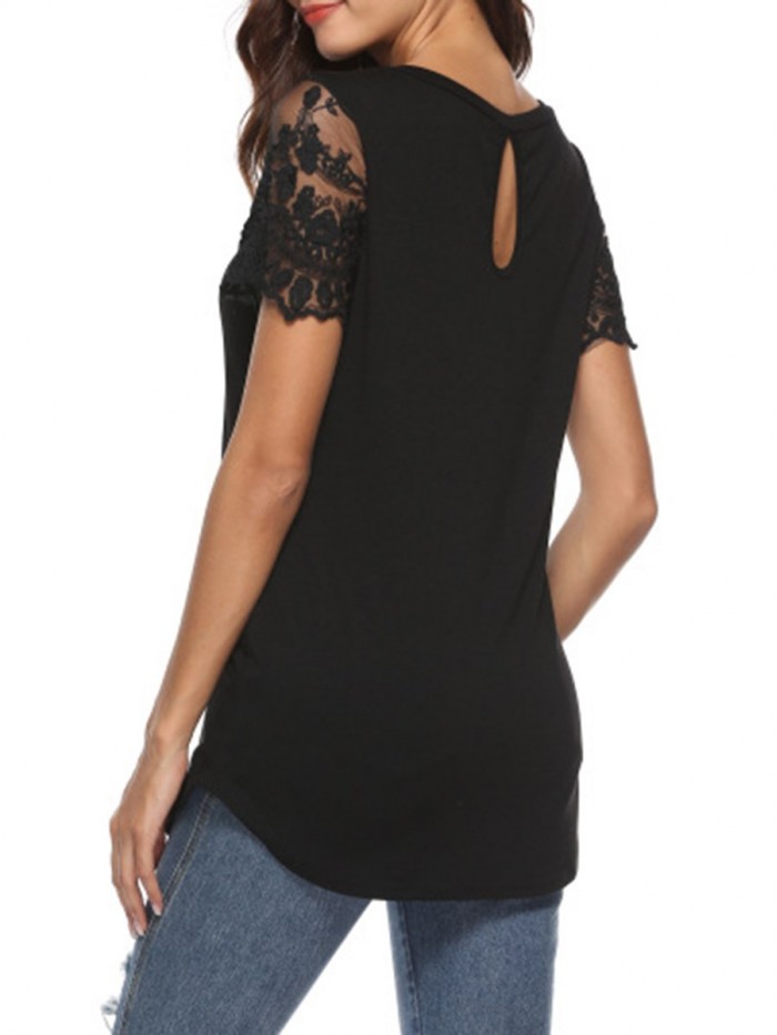 Casual solid color Lace Short Sleeves T-shirt 