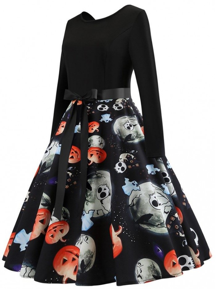 Black Vintage Printed Long Sleeve Dress