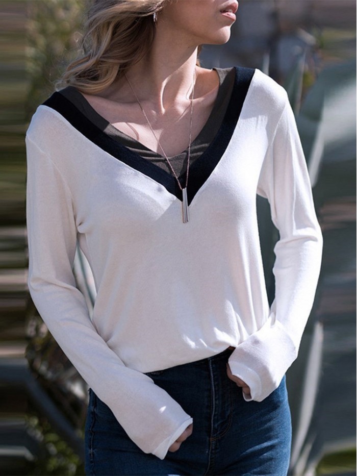 Casual Patchwork V-Neck T-shirt