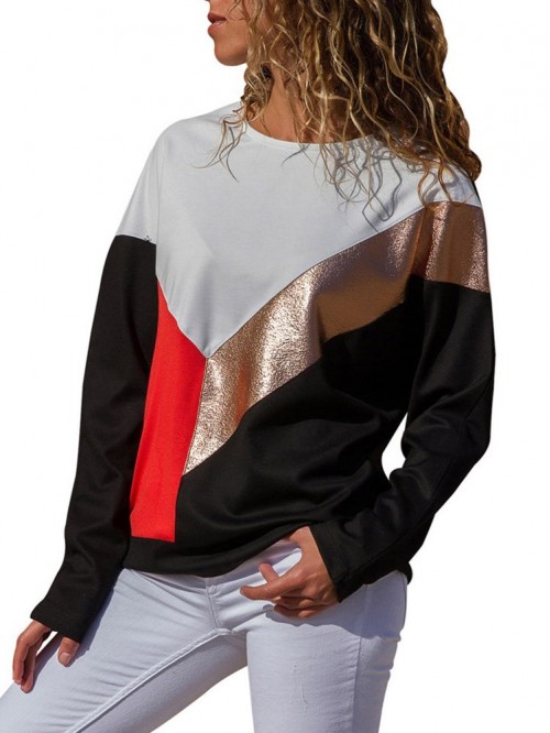 Four Colors Patchwork Round Neck Long Sleeve T-shi...