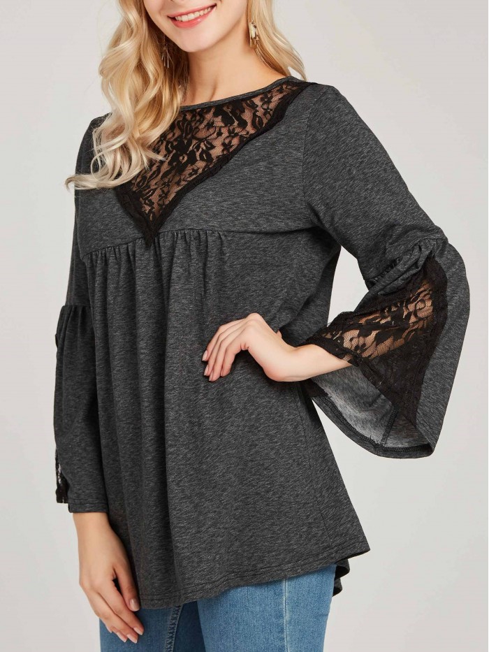 Black Elegant Round Collar Lace T-Shirt