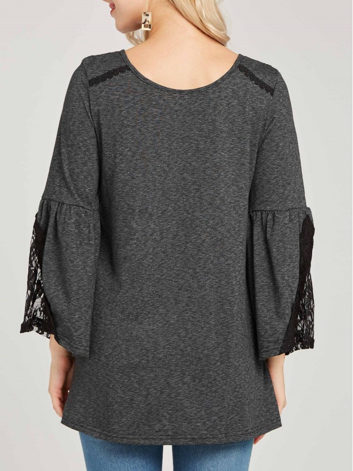 Black Elegant Round Collar Lace T-Shirt