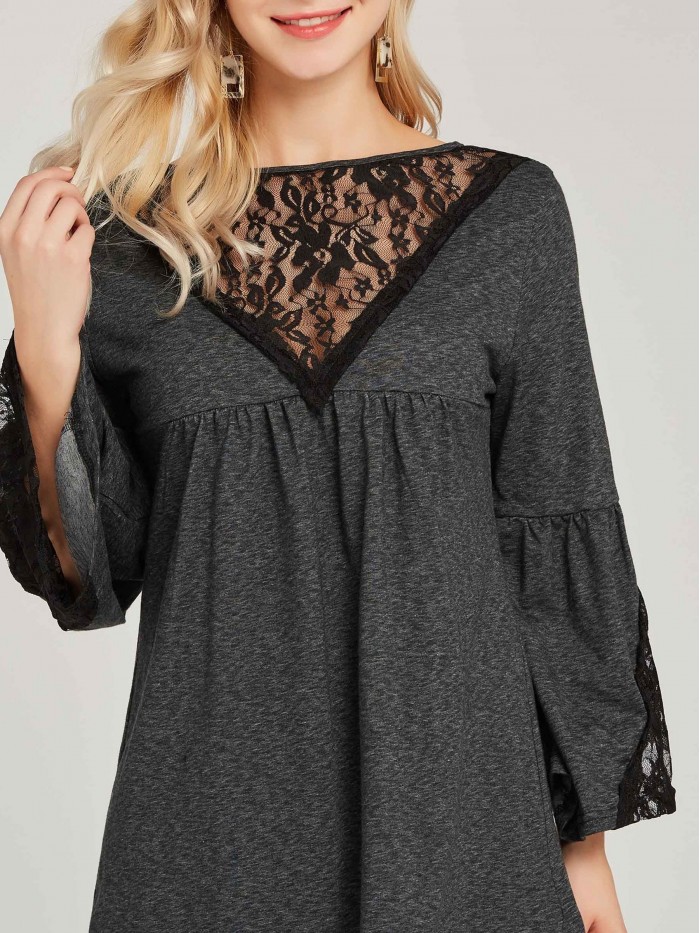 Black Elegant Round Collar Lace T-Shirt