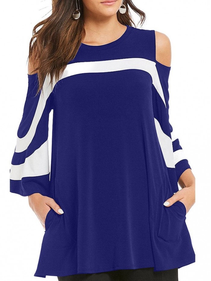 Pure Color Stitching Off-The-Shoulder Round Neck T-Shirt