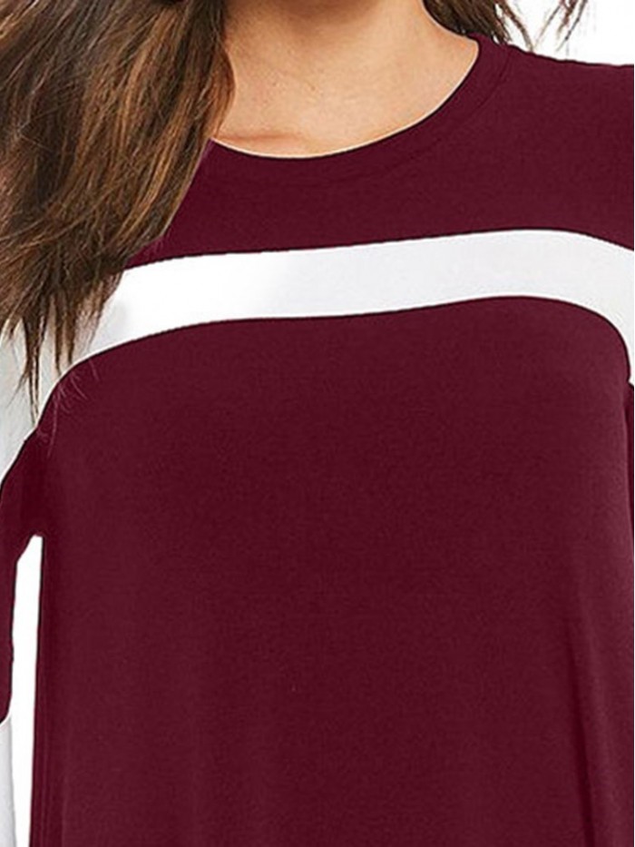 Pure Color Stitching Off-The-Shoulder Round Neck T-Shirt