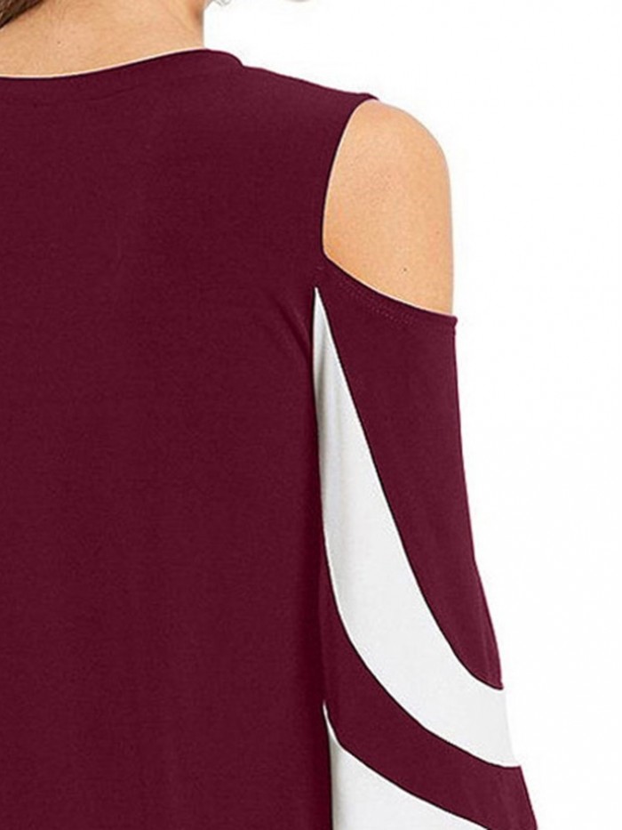 Pure Color Stitching Off-The-Shoulder Round Neck T-Shirt