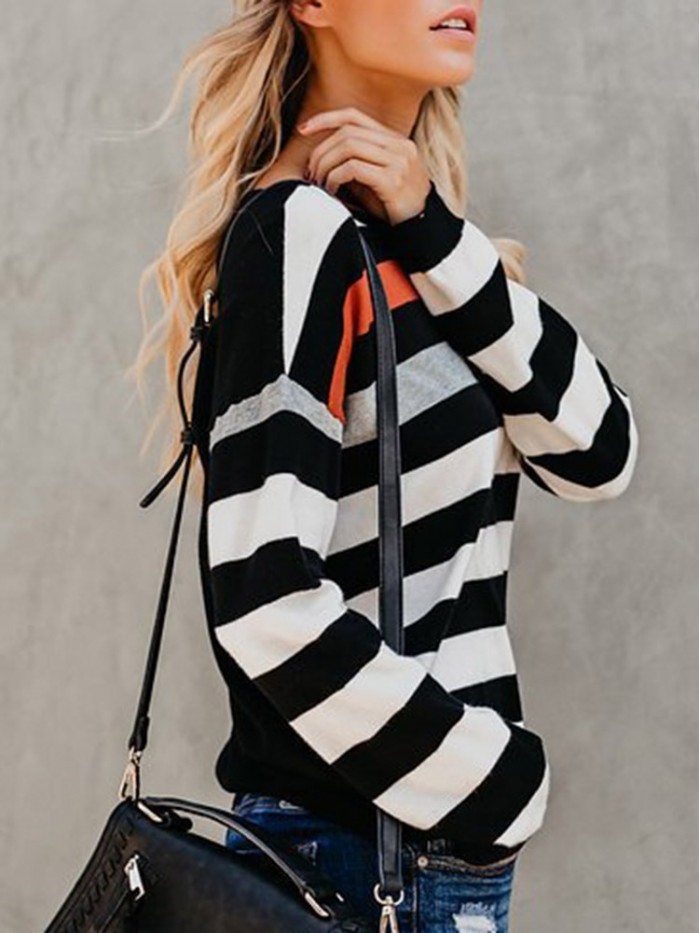 Black And White Stripes Round Neck Long Sleeve T-Shirt