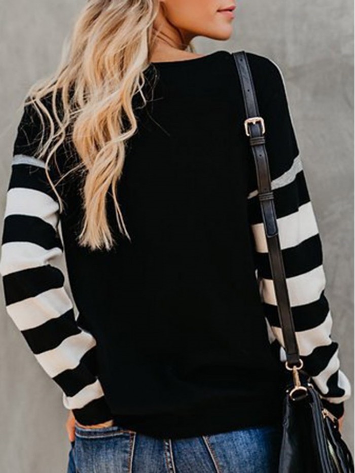 Black And White Stripes Round Neck Long Sleeve T-Shirt