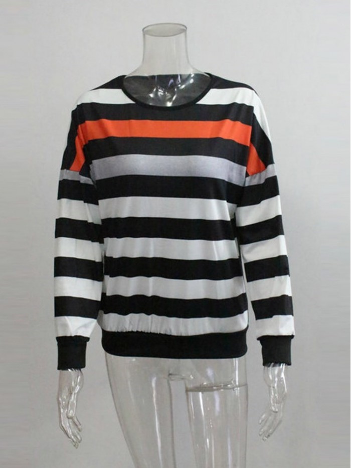 Black And White Stripes Round Neck Long Sleeve T-Shirt