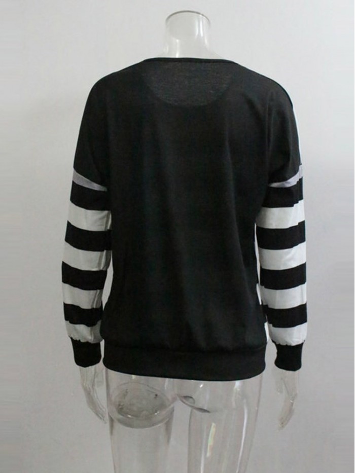 Black And White Stripes Round Neck Long Sleeve T-Shirt