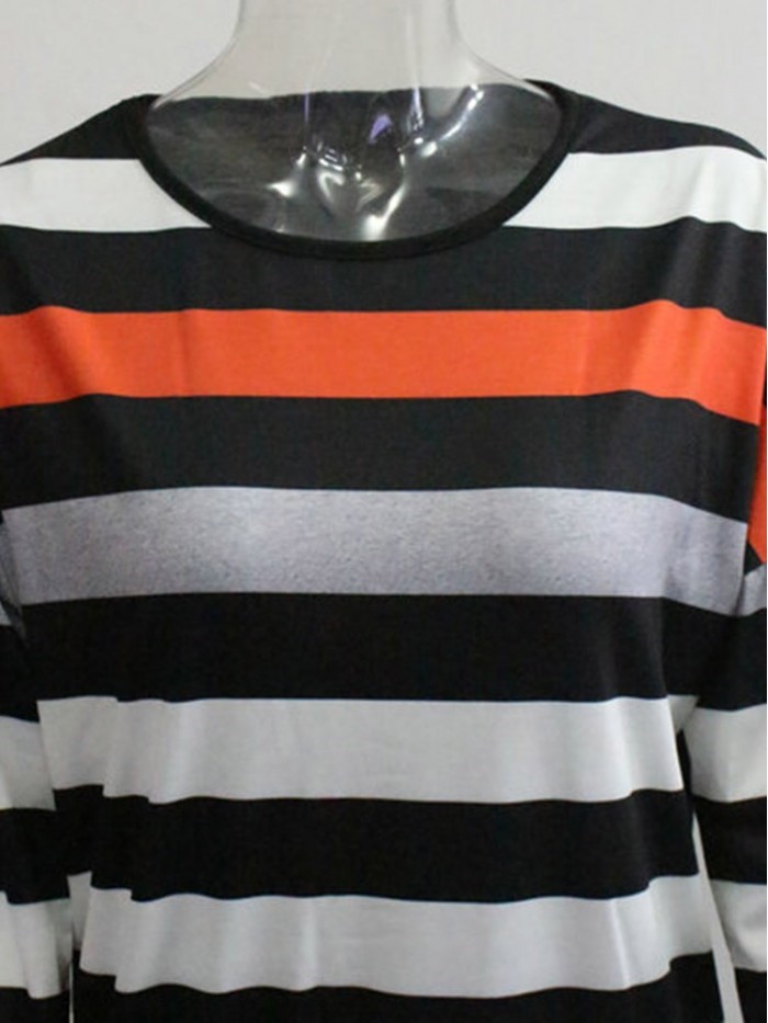 Black And White Stripes Round Neck Long Sleeve T-Shirt