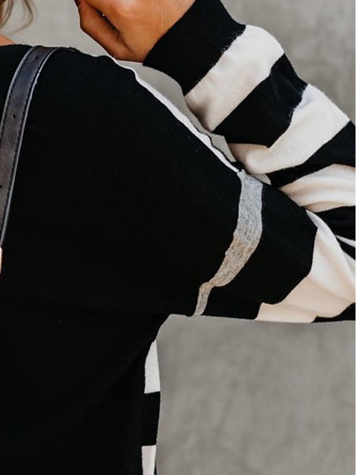 Black And White Stripes Round Neck Long Sleeve T-Shirt