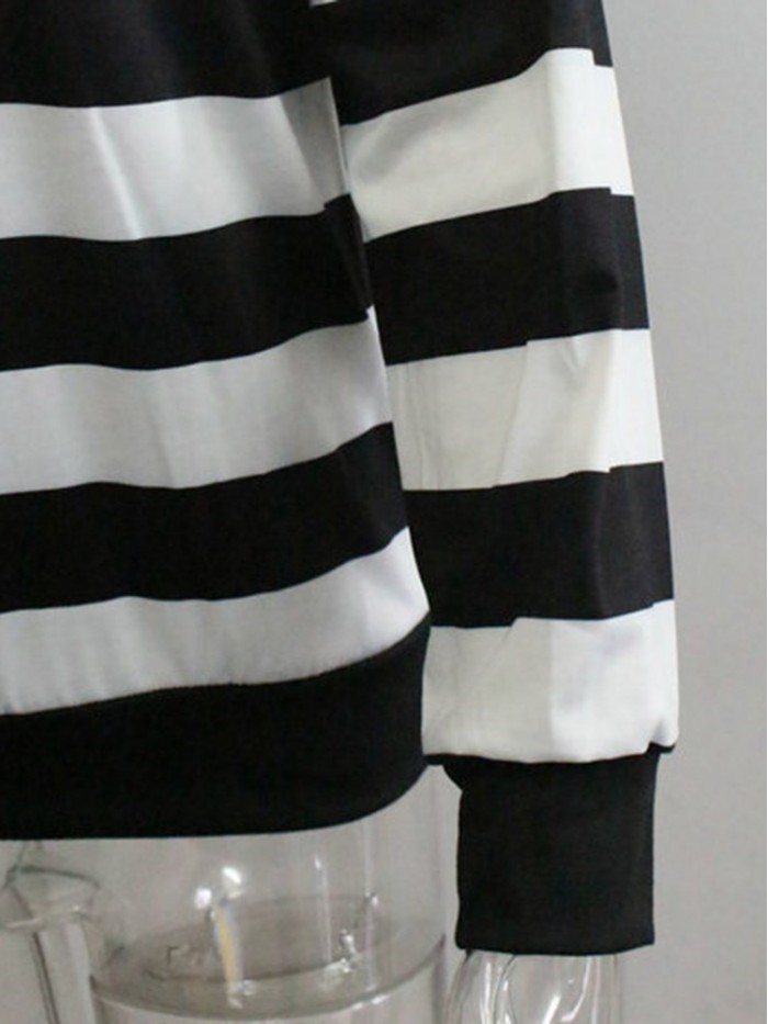 Black And White Stripes Round Neck Long Sleeve T-Shirt